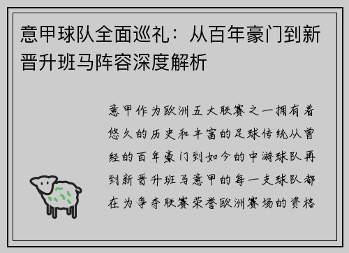 意甲球队全面巡礼：从百年豪门到新晋升班马阵容深度解析